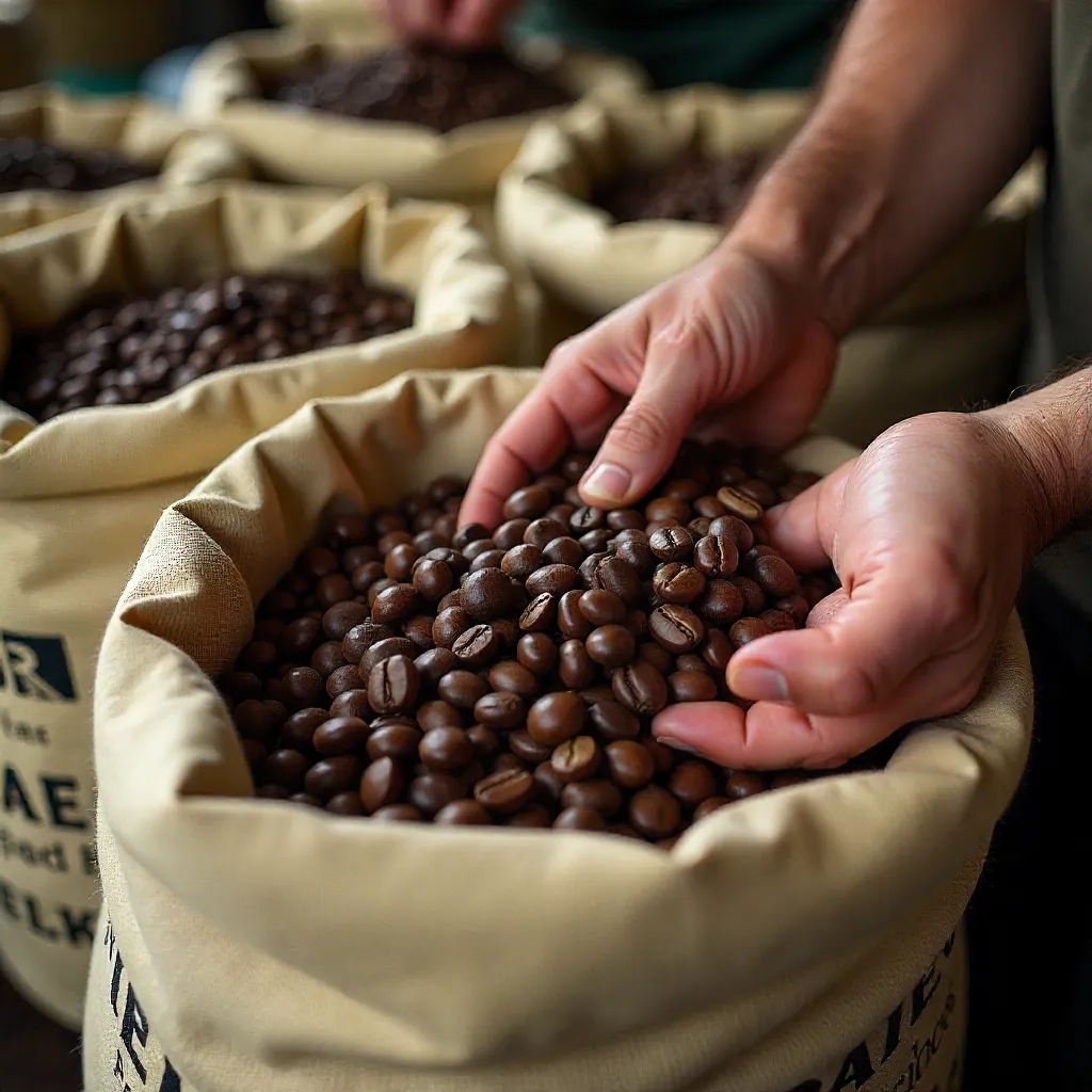 Fair trade coffee beans in burlap bags